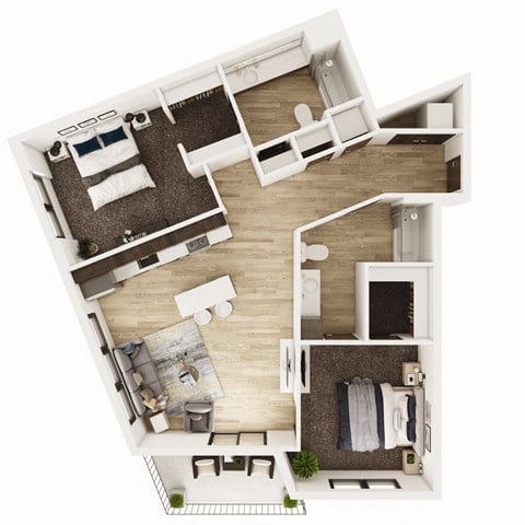 Floor plan for 2 beds, 2 baths, 970 sqft